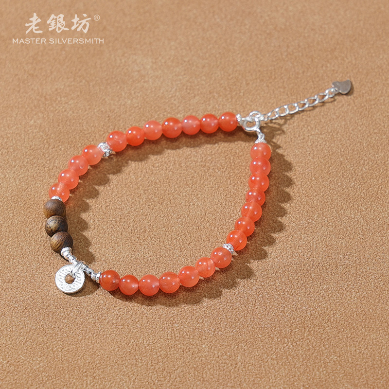 【老银坊】s925银南红三珠碎银钱币手链 00331396