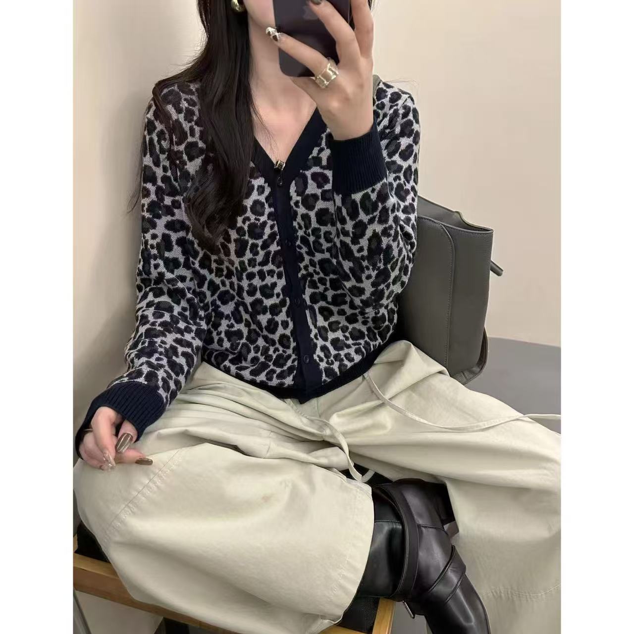 丽姐家~藏青豹纹开衫气质长袖洋气时尚百搭提花秋季上衣
