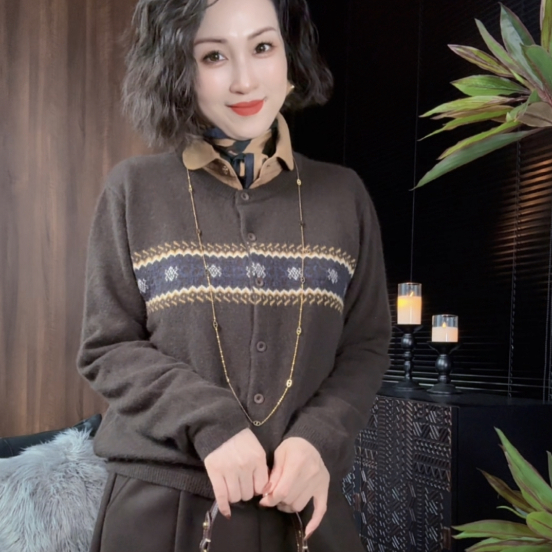 秋冬藏羊毛拉毛拼提花开衫毛衣老钱风复古