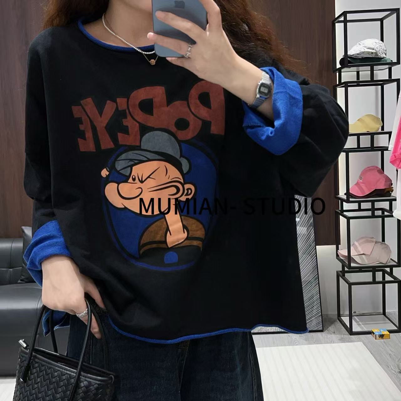 清货！【原版原发 520g水手先生】宽松扩版撞色卷边裁剪水洗毛圈卫衣