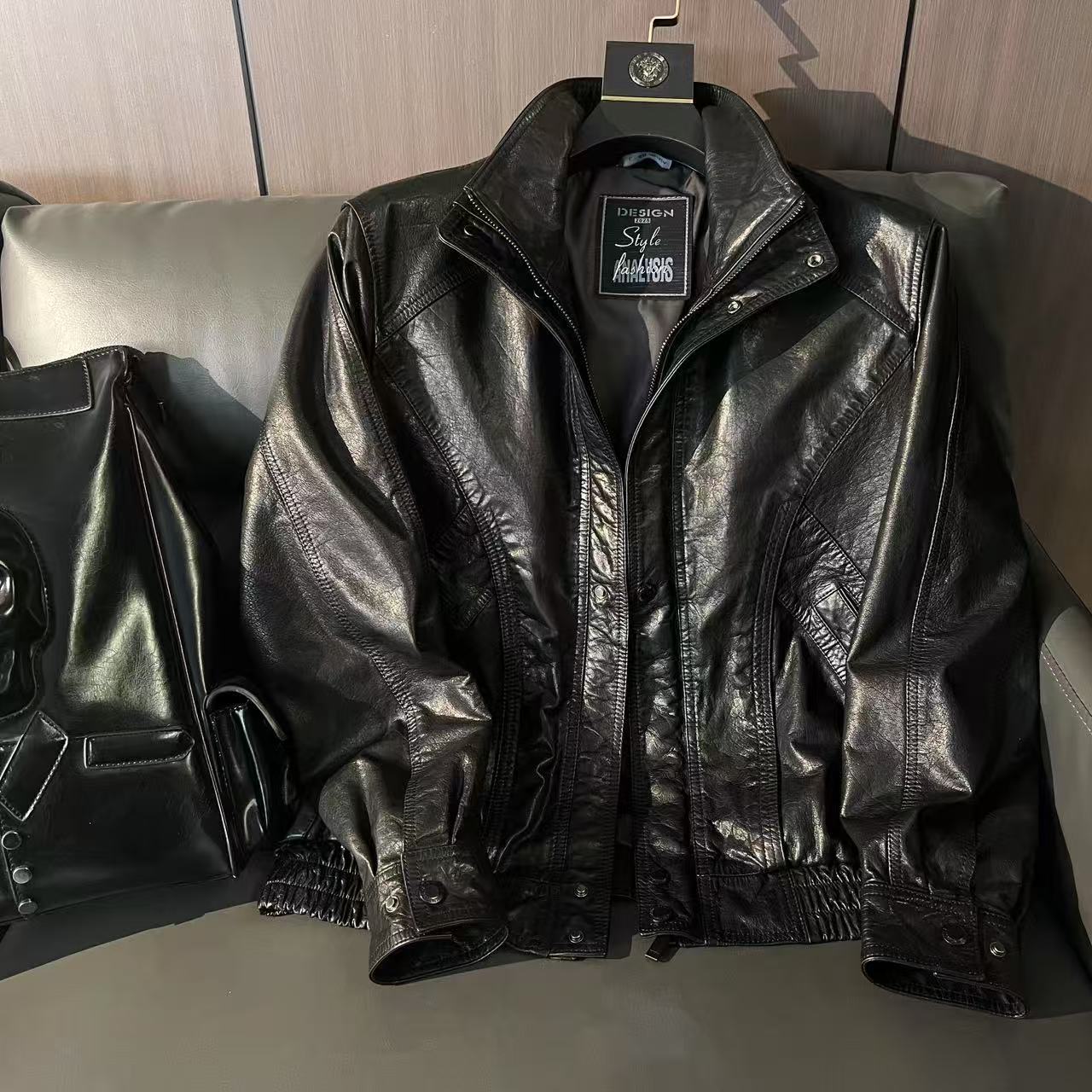 海宁秋冬男女同款真皮头层牛皮皮桑蚕丝内胆外套时尚夹克宽松