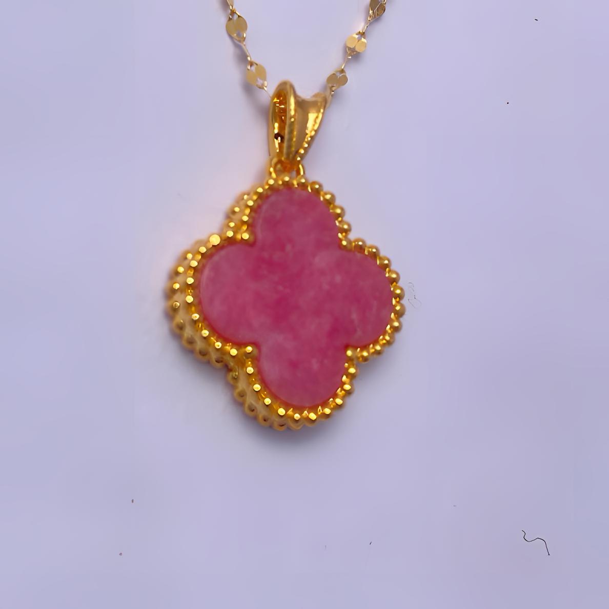 18黄金吊坠蔷薇辉石四叶草15mm吊坠（含链）配嘴唇链粉色少女樱花粉