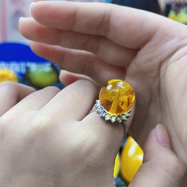 蜜蜡银S925镶嵌裸石戒指