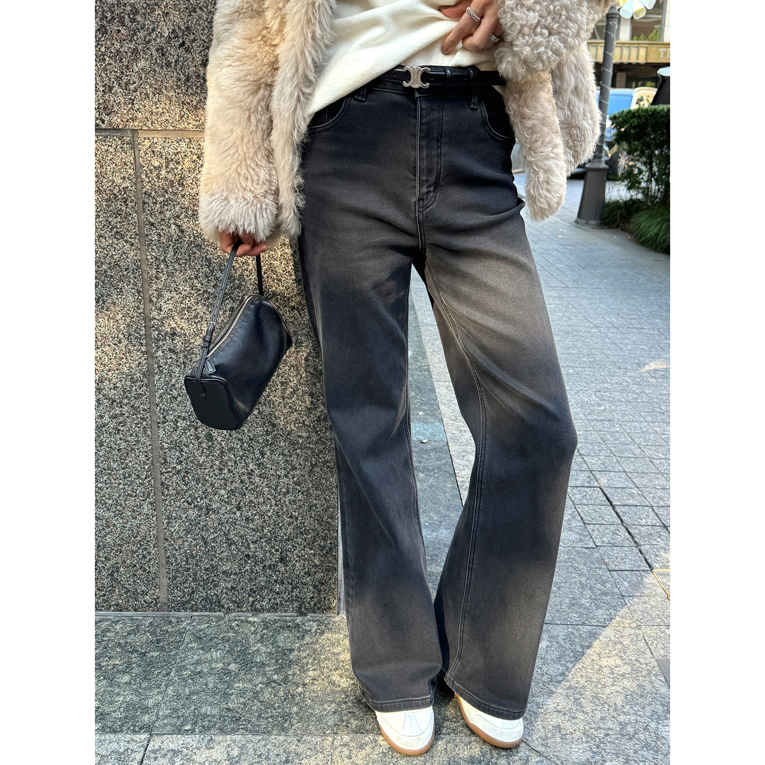 YANGLE_加绒牛仔裤女2025年冬季新款韩系复古宽松休闲黑色微喇裤