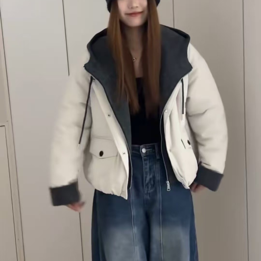 韩版冬季宽松连帽加绒加厚保暖拼色休闲棉衣棉服外套女