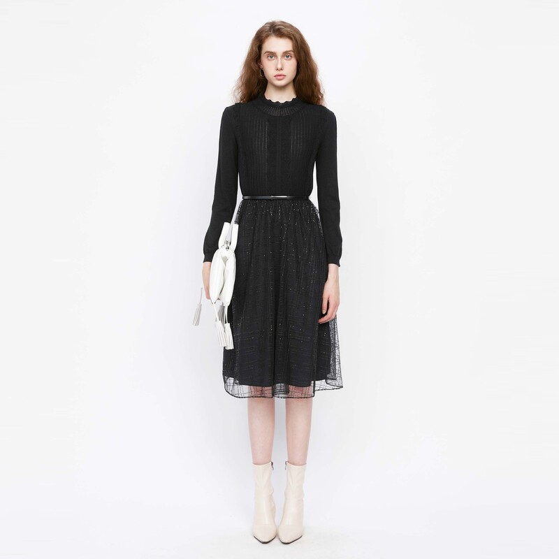 sdeer圣迪奥女装木耳边圆领收腰网纱条纹连衣裙S241Z1209