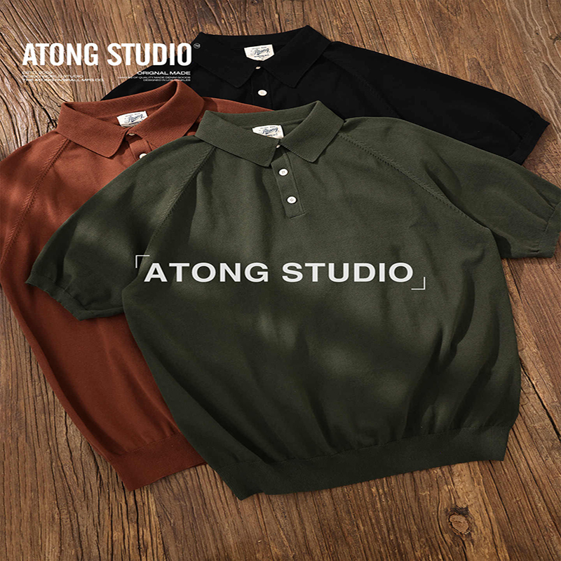 ATONG阿瞳 阿美咔叽意式马球polo衫男美式复古针织短袖夏季纯棉T