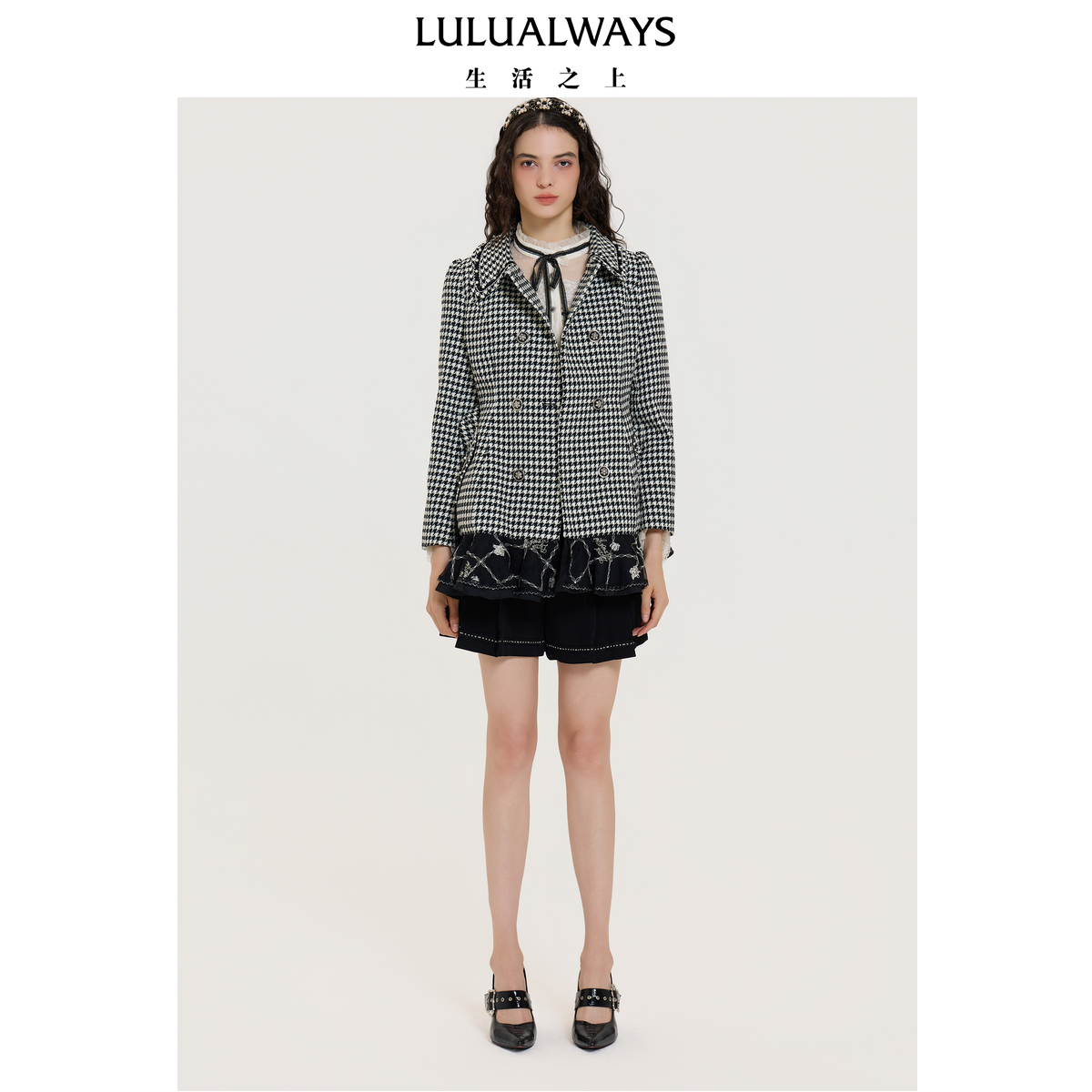 LULUALWAYS【商场同款】25秋季新款复古优雅翻领千鸟格中长款外套