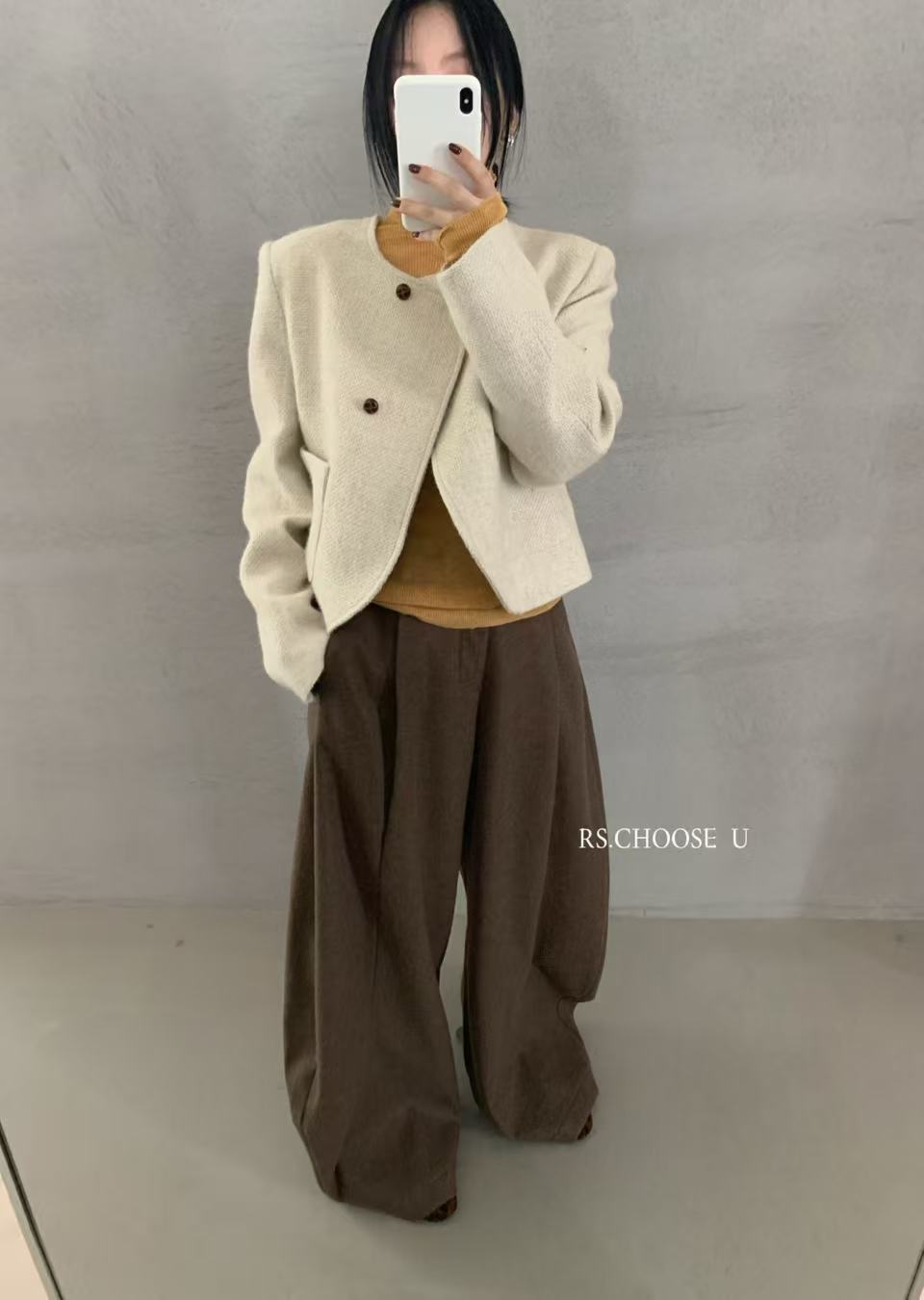 RS-6593-福 外套 韩系简约双口袋粗花呢羊毛呢小香外套