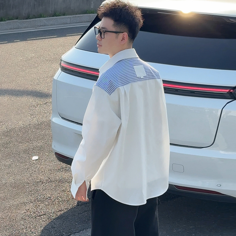 白色潮牌文艺风撞色拼接翻领衬衫男士简约休闲百搭条纹印花上衣男