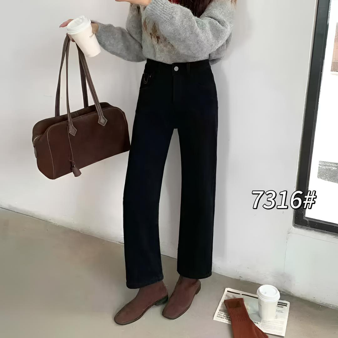 冬季加绒黑色小直筒牛仔裤女高腰显瘦法棍烟管裤小个子百搭7316