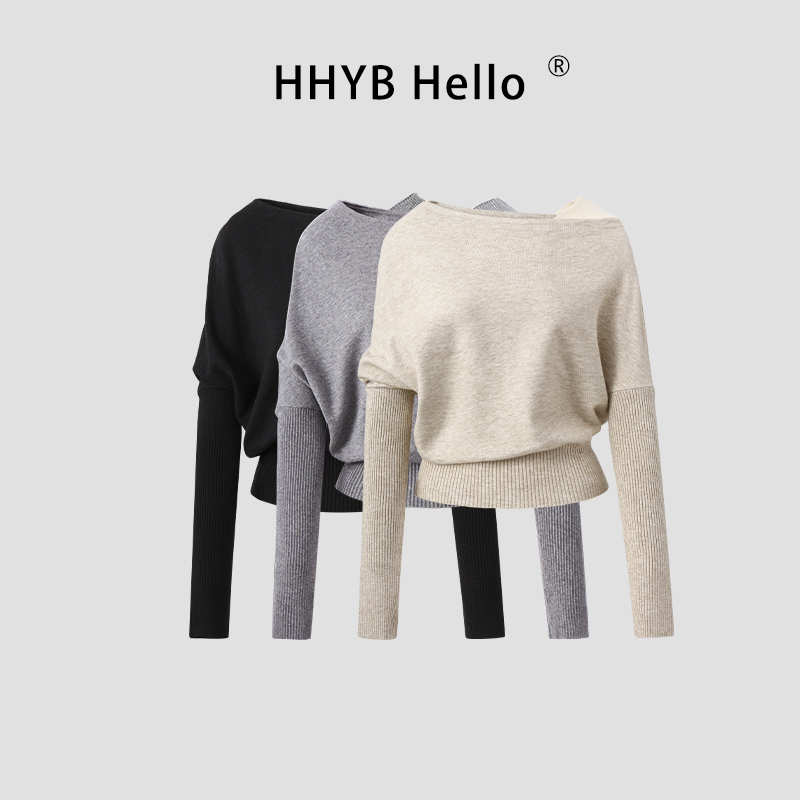 HHYB Hello拼接露肩针织衫外穿撞色设计感套头毛衣气质上衣M1228