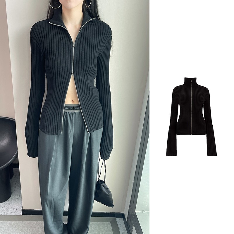 未使用 Acne studio 黑色后背贴标螺纹拉链立领夹克 