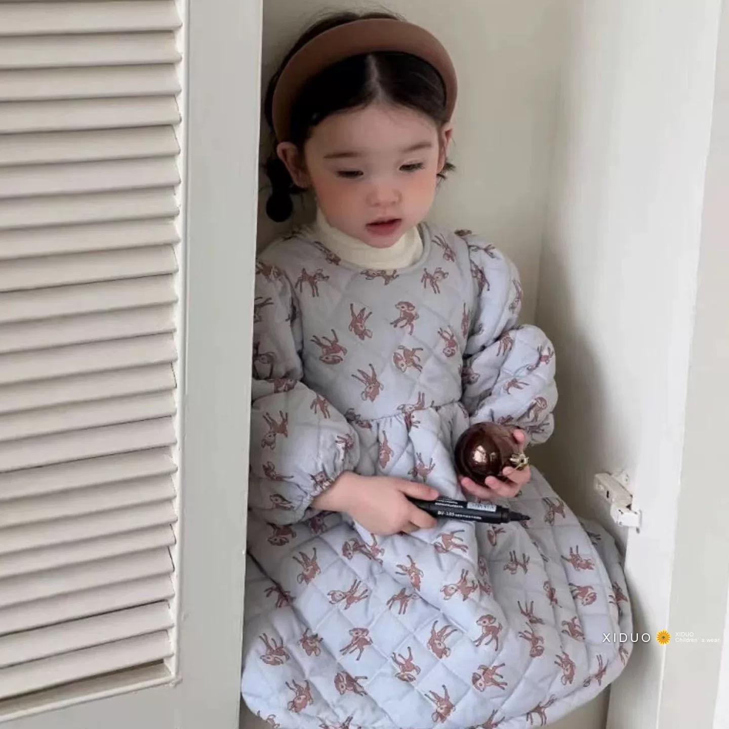 送围脖女童夹棉保暖连衣裙韩版童装宝宝公主长袖碎花裙洋气绗线裙