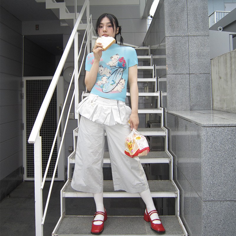 自播 礼物商店 浅灰色可爱蓬蓬裙直筒阔腿七分裤休闲裤