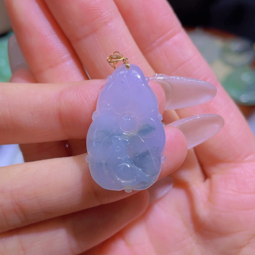 翡翠颈饰18K金镶嵌荷叶鱼