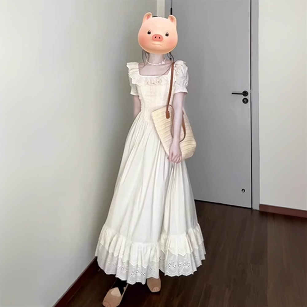 法式温柔风方领连衣裙女夏季2025年新款高级感气质收腰绝美长裙子