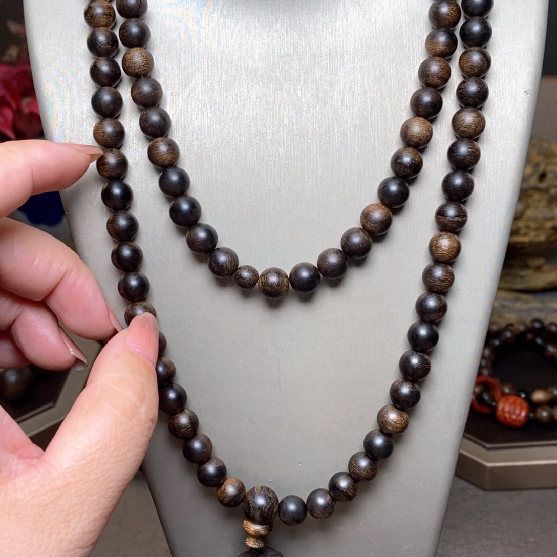 沉香手串越南芽庄紫棋瘤疤08×108➕白棋沉香木雕