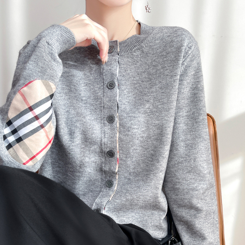 春季新款格子拼接针织开衫女圆领休闲减龄空调衫叠穿外搭外套上衣