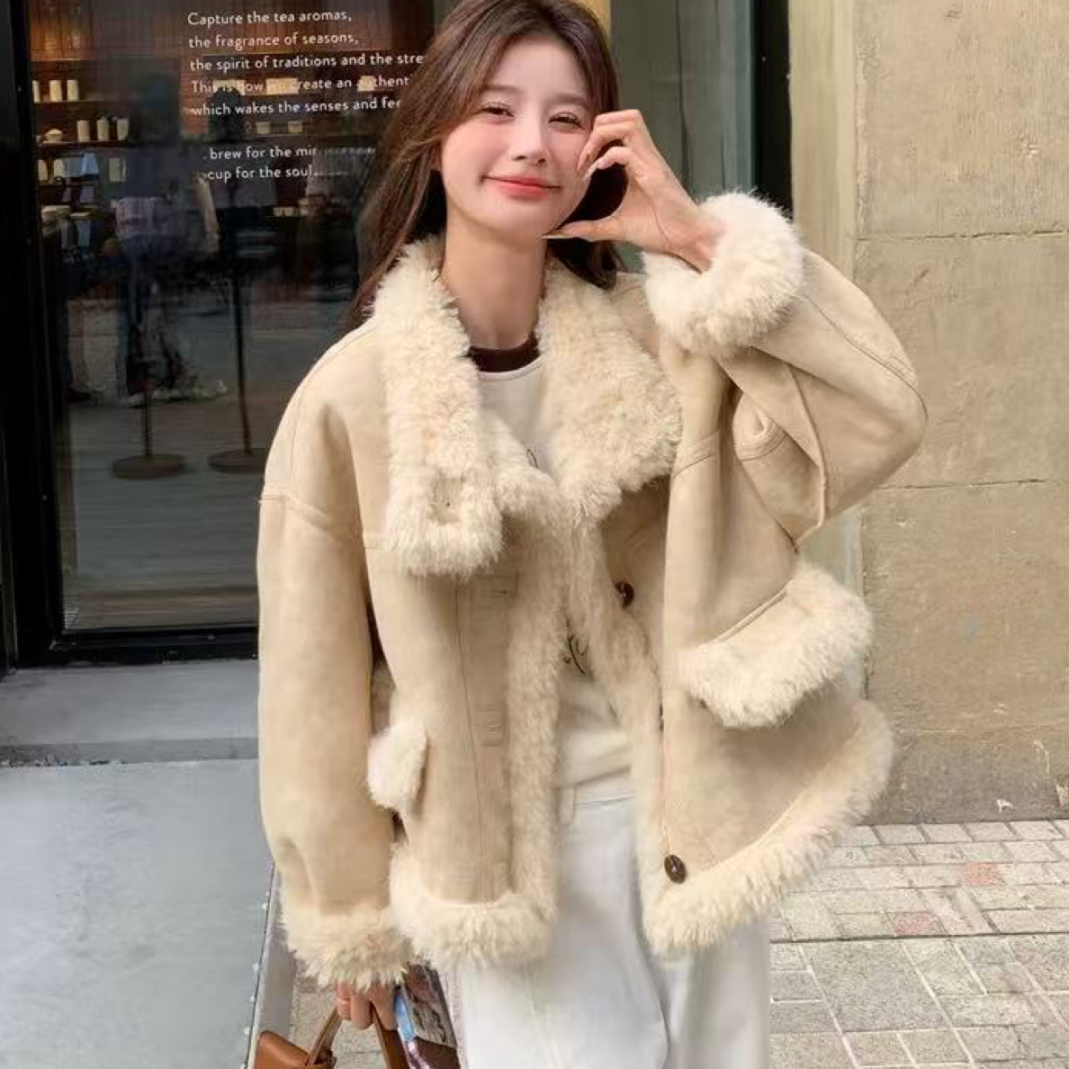 2025新款立领单排扣纯色皮毛一体加厚长袖外套上衣