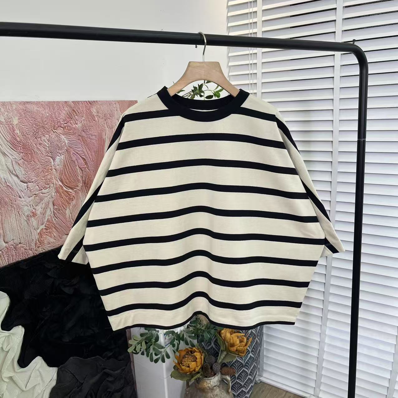 休闲百搭「色织条纹宽松」蝙蝠袖套头T恤女E5916