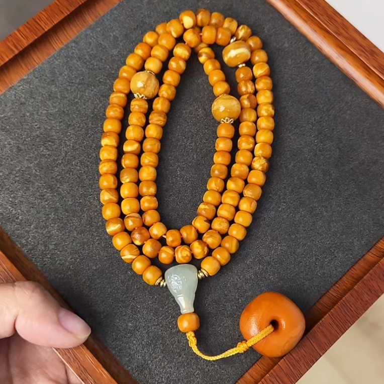 【齐福珠宝】7mm天然原矿橘皮老蜜蜡老型108佛珠（多样性发其一）