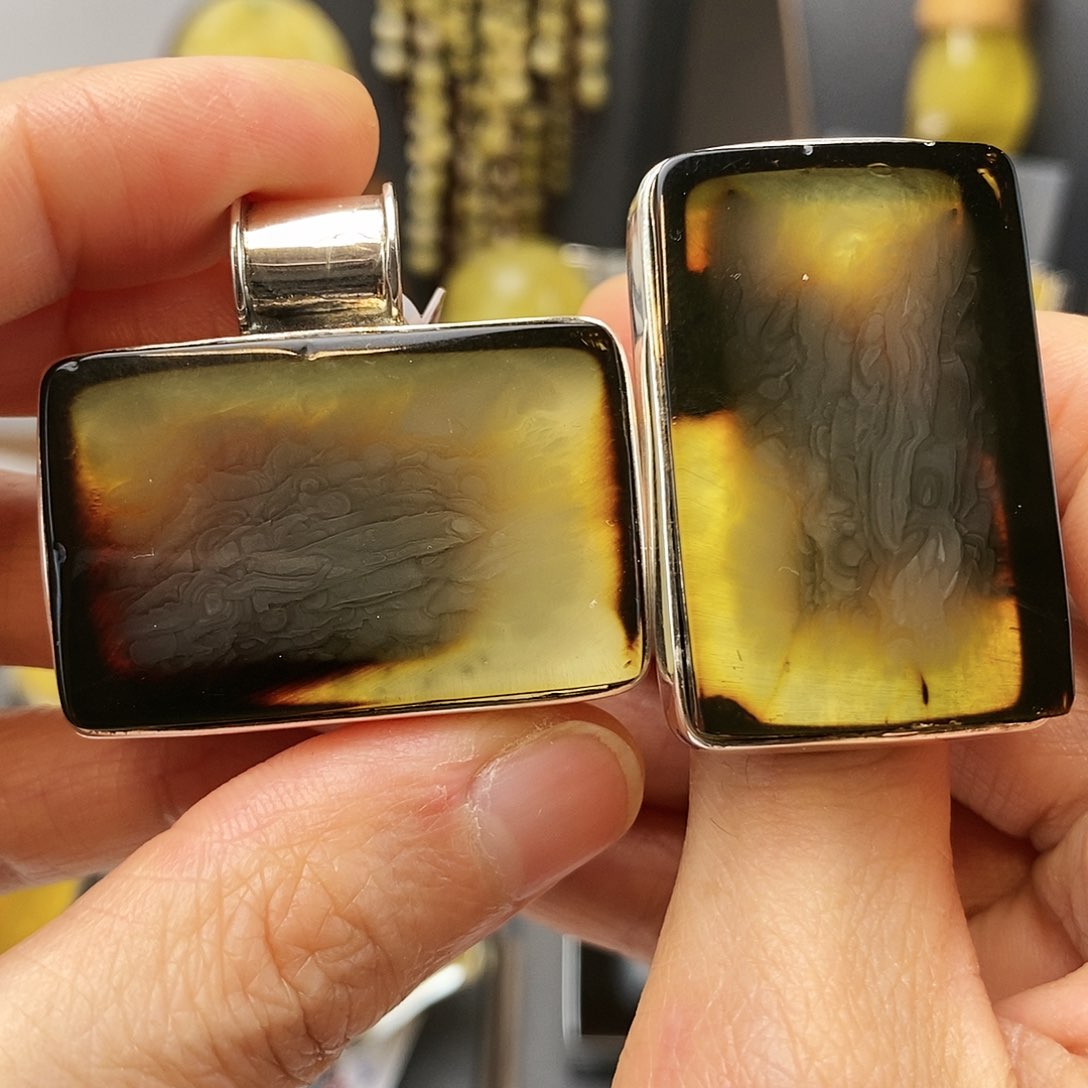 琥珀裸石银S925镶嵌戒指吊坠套装