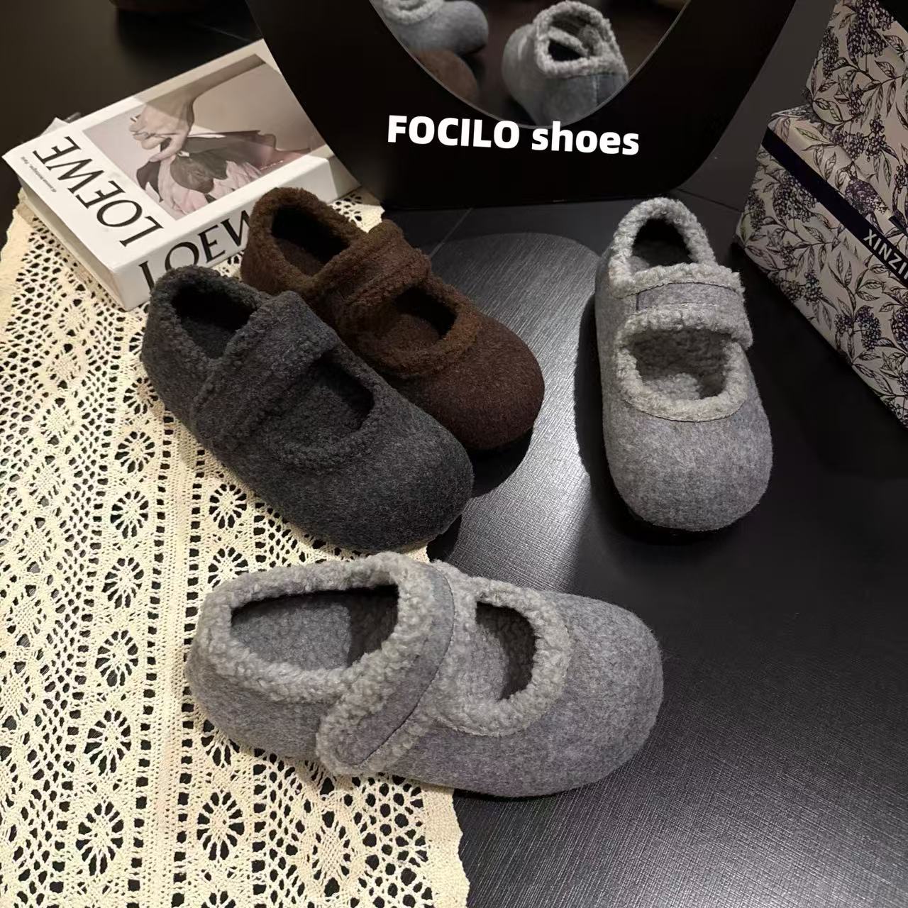 复古绒面内增高5cm玛丽珍鞋女秋冬呢子加绒厚底深灰色毛毛鞋外穿