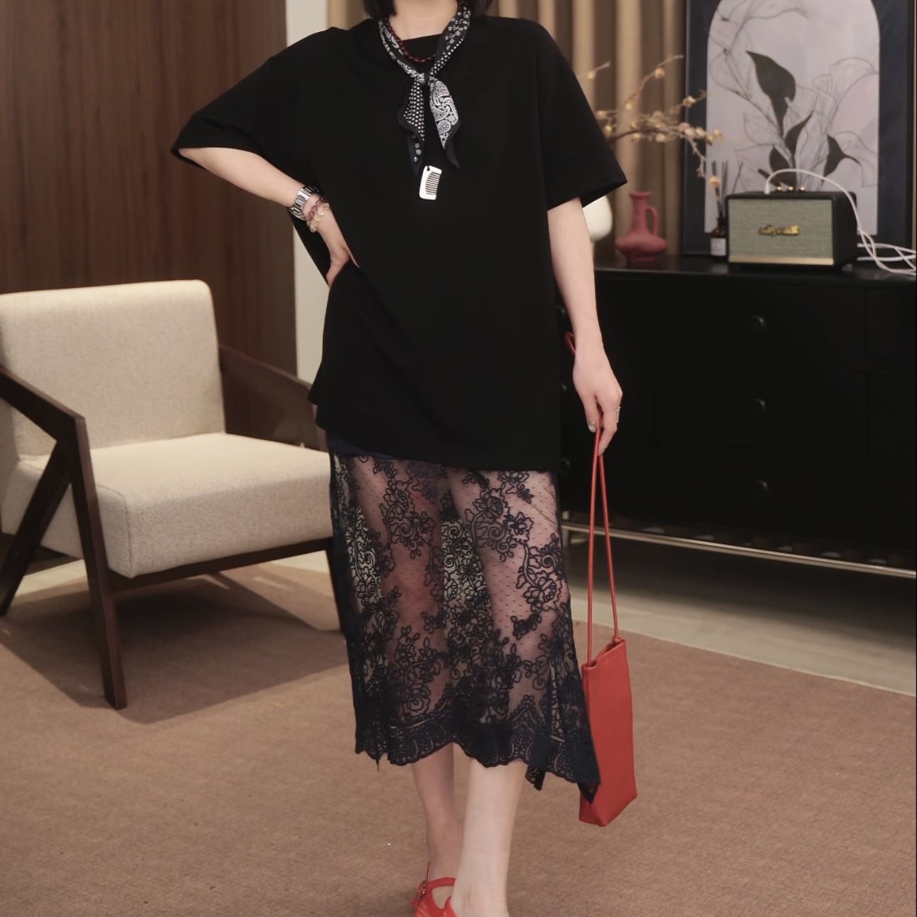 Dayuan 【清仓】设计感后背明线圆领T裙半身蕾丝纱裙两件套504037