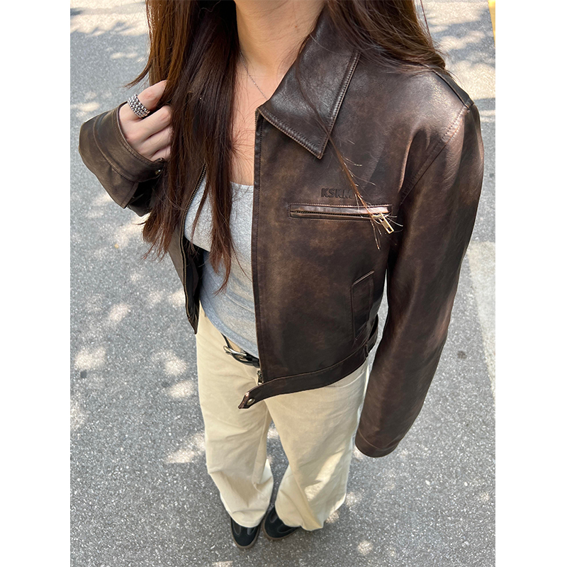 芙沿咖色短款皮衣外套女2025春秋新款超好看复古百搭休闲机车夹克