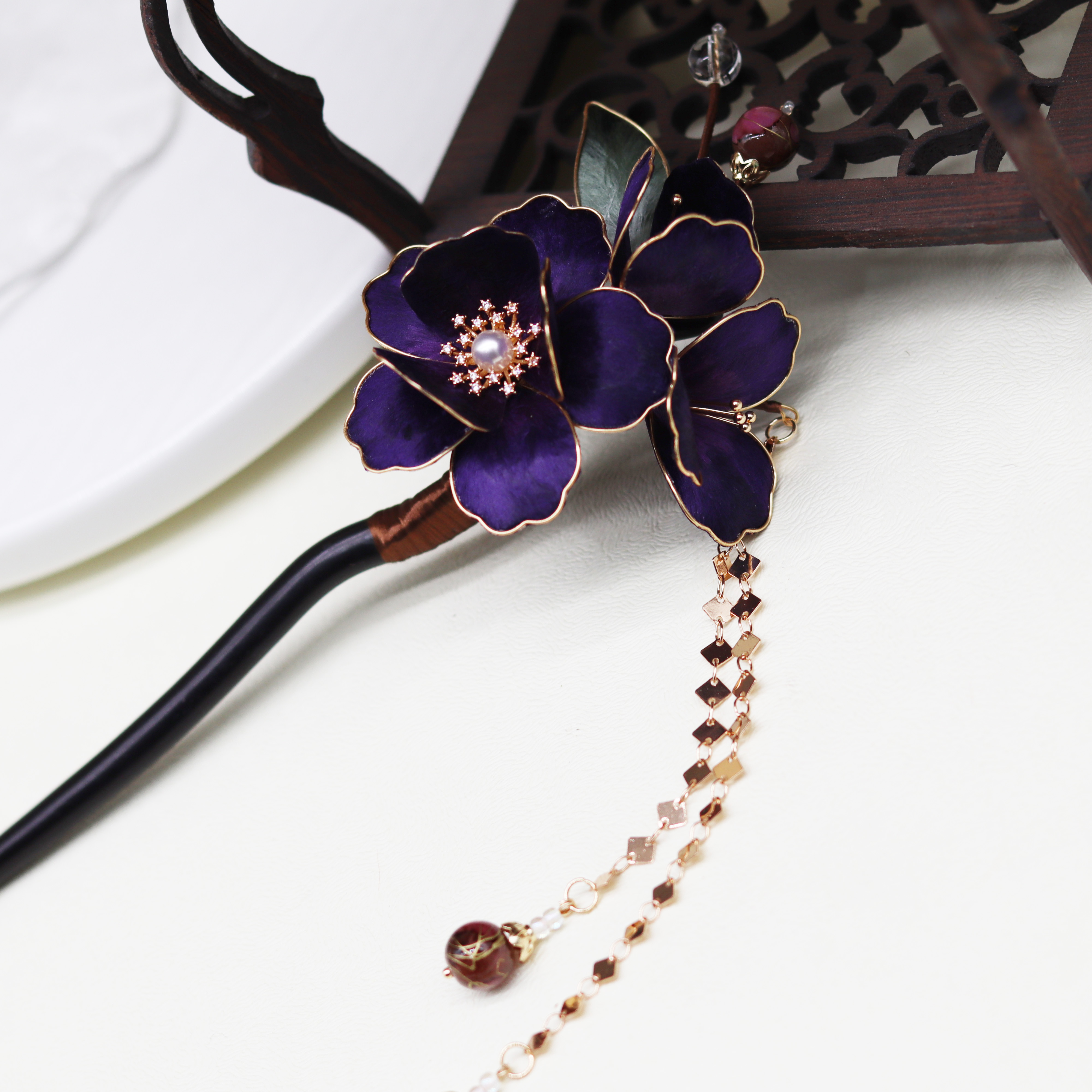 景明  掐丝绒花檀木簪子头饰发饰发簪流苏步摇发钗