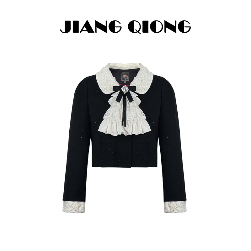 姜穹JIANGQIONG蕾丝花边领蝴蝶结领饰烫钻短外套