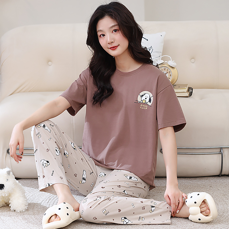 100%全棉短袖长裤睡衣家居服女夏季可外穿时尚简约休闲纯棉舒适