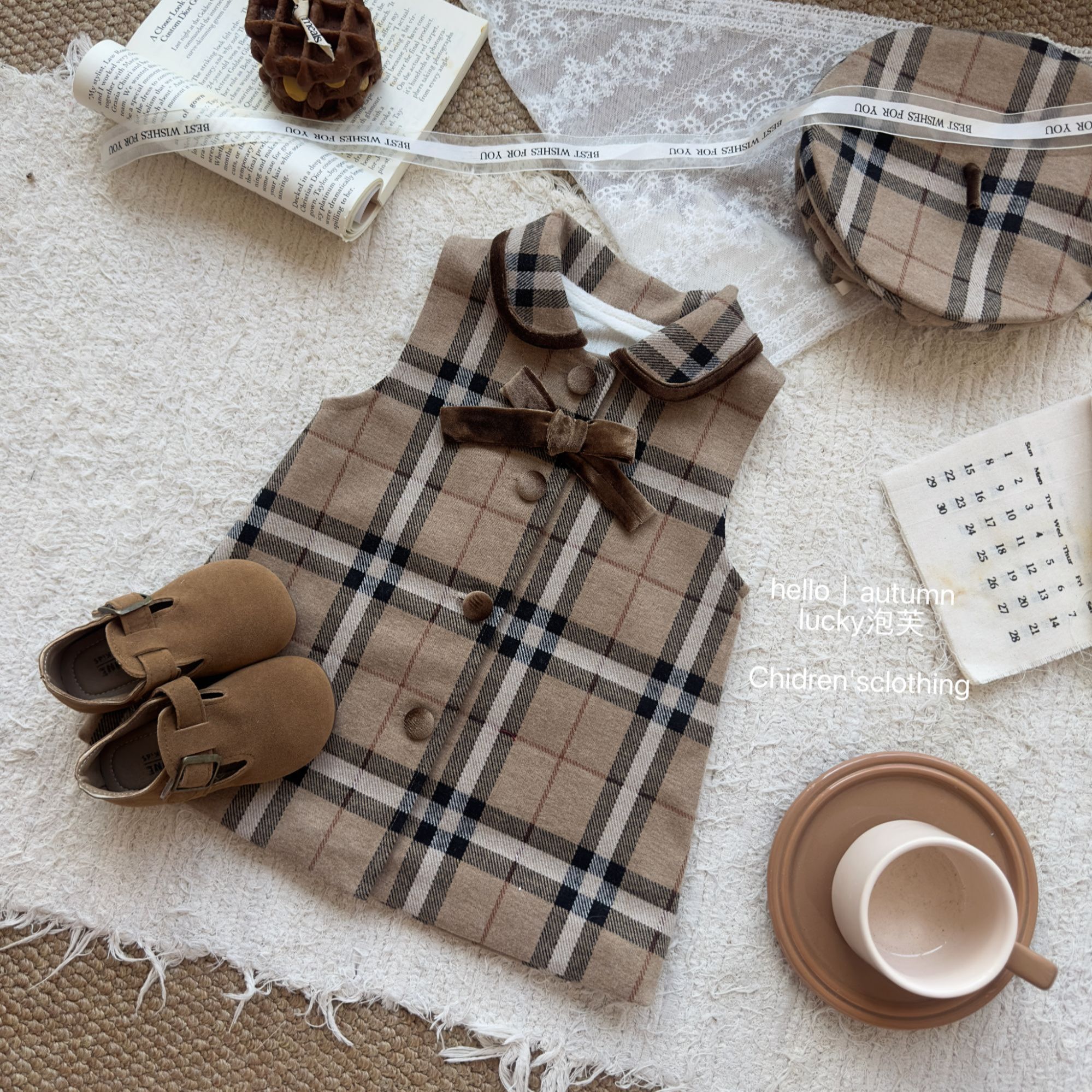 【lucky泡芙】英伦风！女童学院风格纹加绒背心裙洋气复古毛呢背心裙