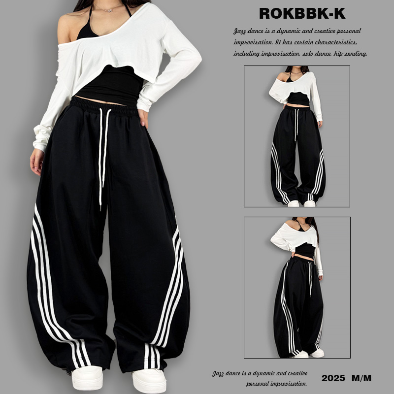 ROKBBK－K/布韩美式运动风黑色条纹阔腿裤女宽松直筒休闲裤显瘦