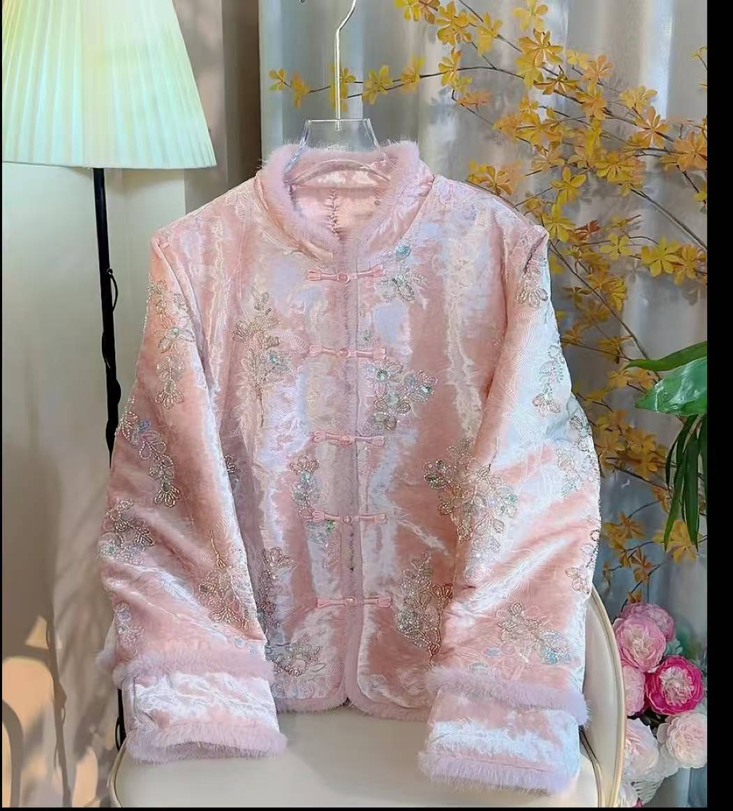 苏绣冬季丝绒刺绣串珠亮片超好看年轻款加棉外套2025年棉衣935