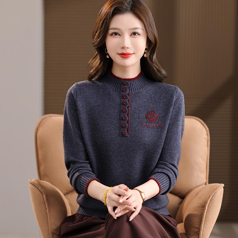 Mulan&Miusi冬季加厚半高领羊毛衫时尚洋气提花针织衫