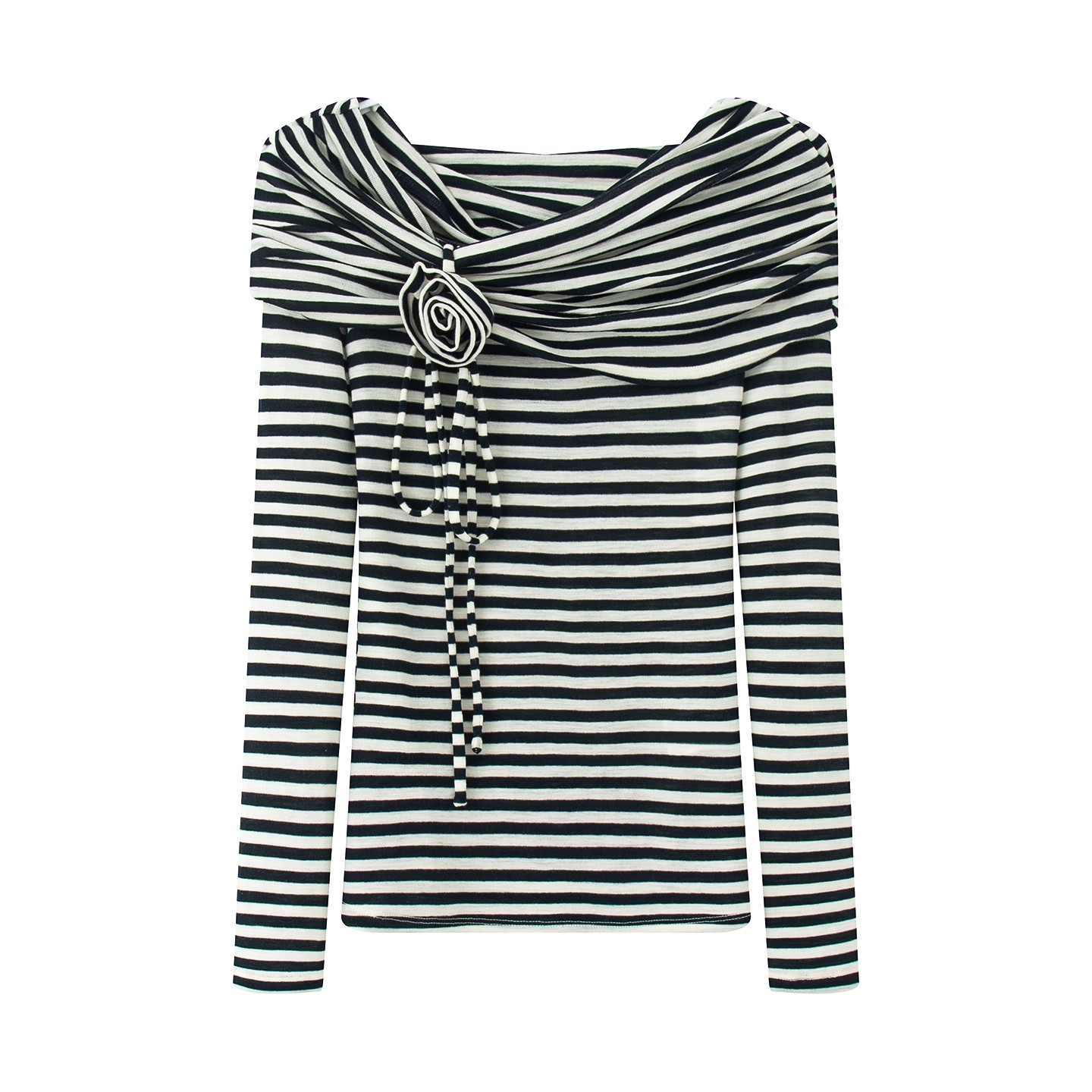 3024【艾家同款】2025秋新品款时尚百搭长袖一字肩条纹针织衫上衣女