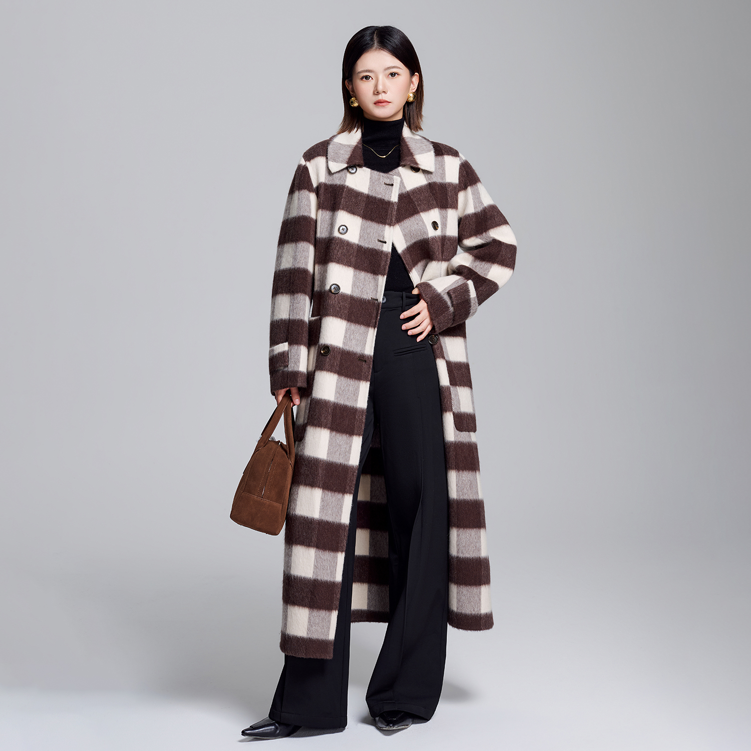 复古骆驼绒骆驼绒双面呢中长款秋冬格纹显瘦气质宽松大衣女装外套