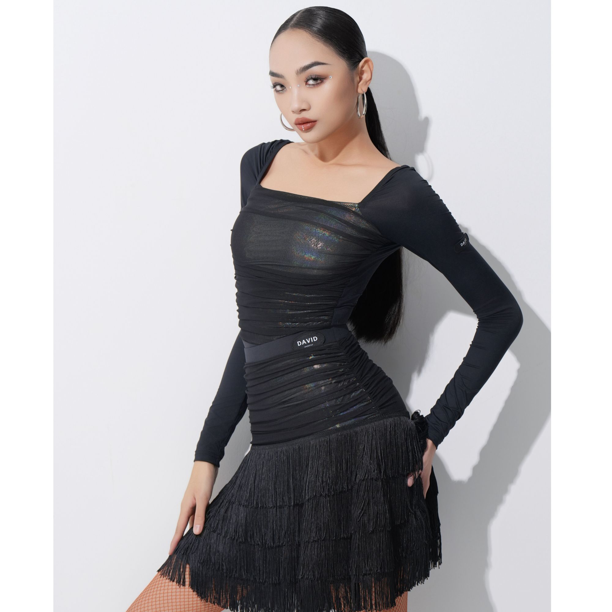 DAVID【连体上衣】女士拉丁舞练习服镭射网纱长袖DW209