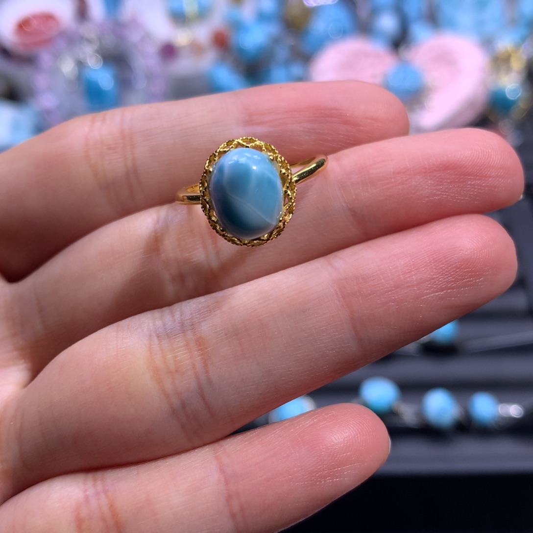 针钠钙石（海纹石）银S925镀金镶嵌戒指蛋面戒指色差略异