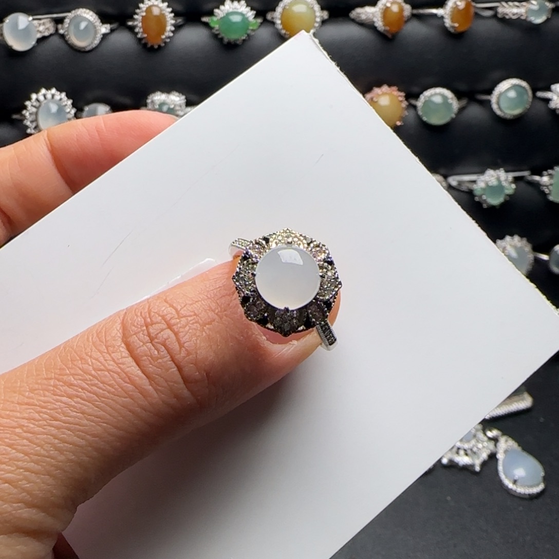 翡翠戒指银S925镶嵌天然缅甸A货翡翠