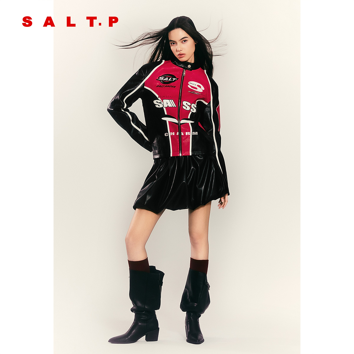 SALT.P可颜黑色花苞皮裙松紧腰a字半身短裙2025冬新款