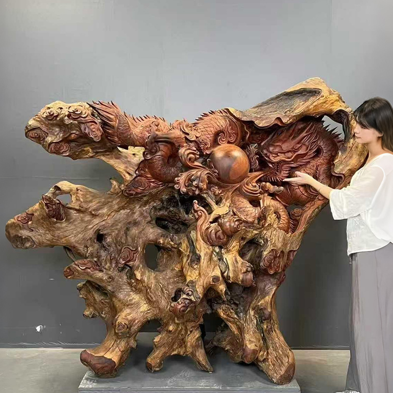 根雕摆件随形风化神龙戏珠底座艺术品天然原木玄关造景中式装饰品