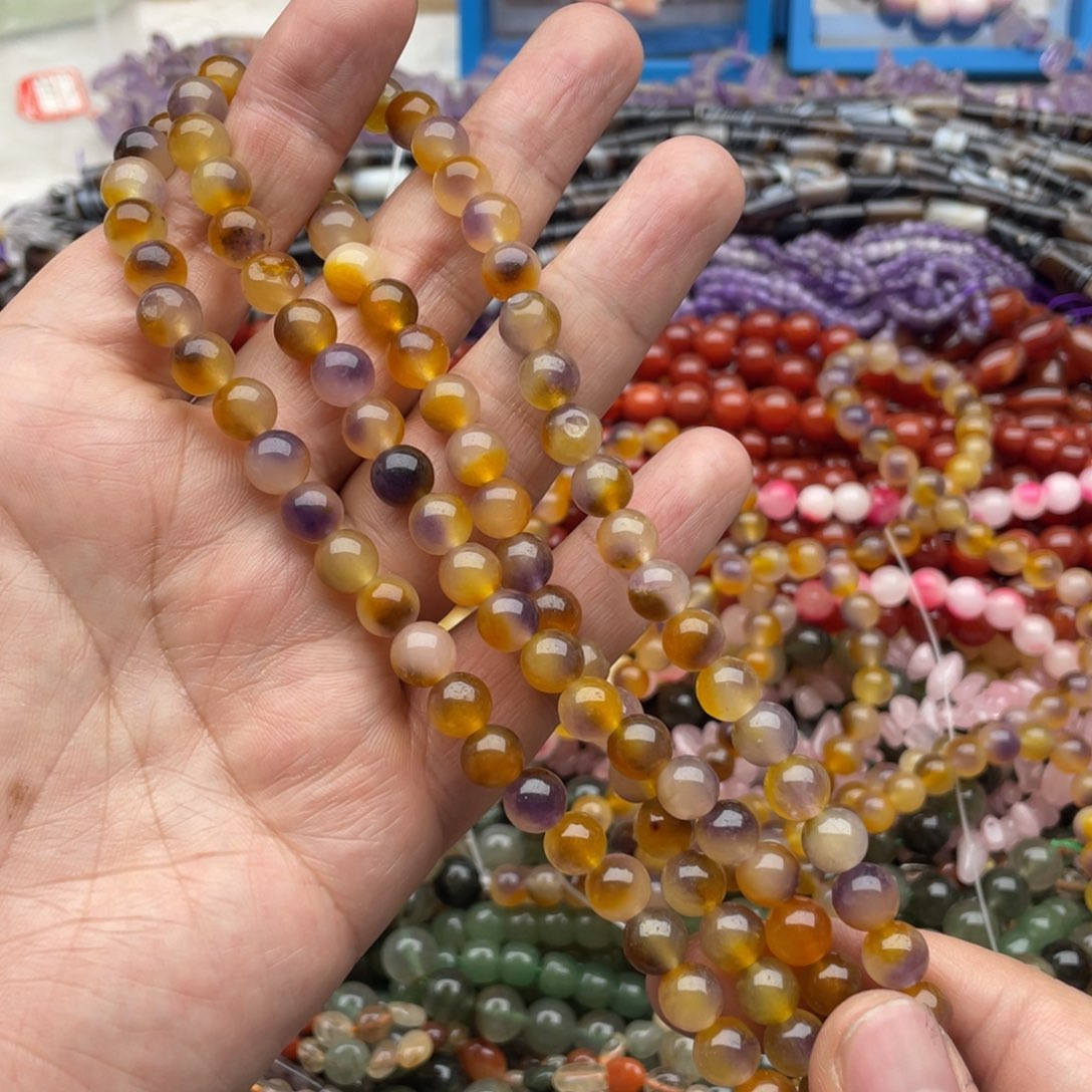 玛瑙/玉髓珠宝半成品未镶嵌两条装8mm紫黄玉髓圆珠