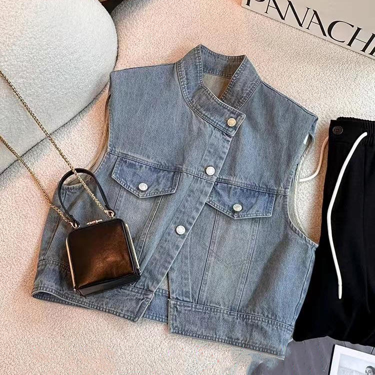 门店46&9！穿搭范！柔软骨挺/做旧水洗廓形牛仔棉马甲外套女 D40007