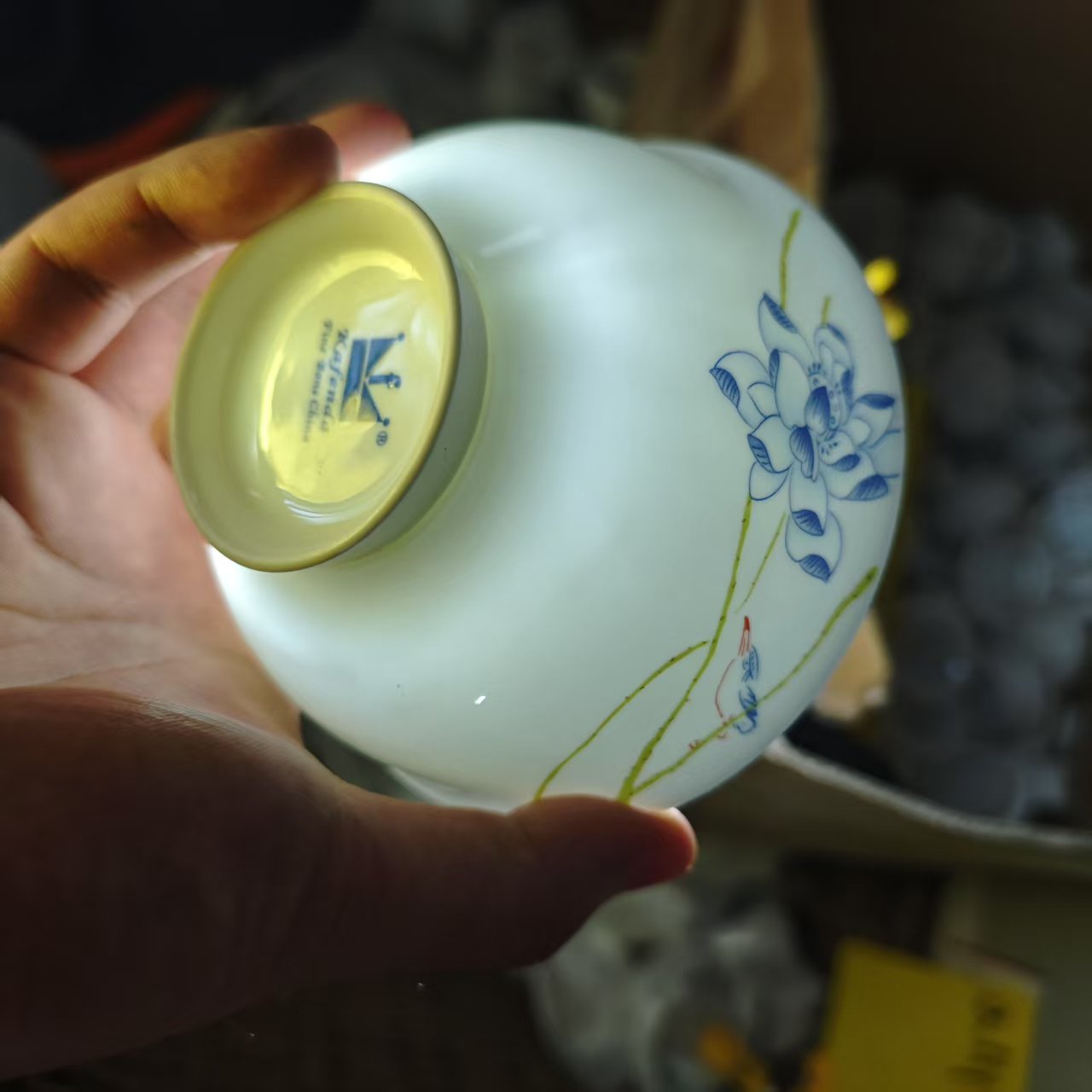 A349③】玉兰花4.75英寸高脚碗4/6只唐山骨瓷手绘瓷碗陶瓷荷花