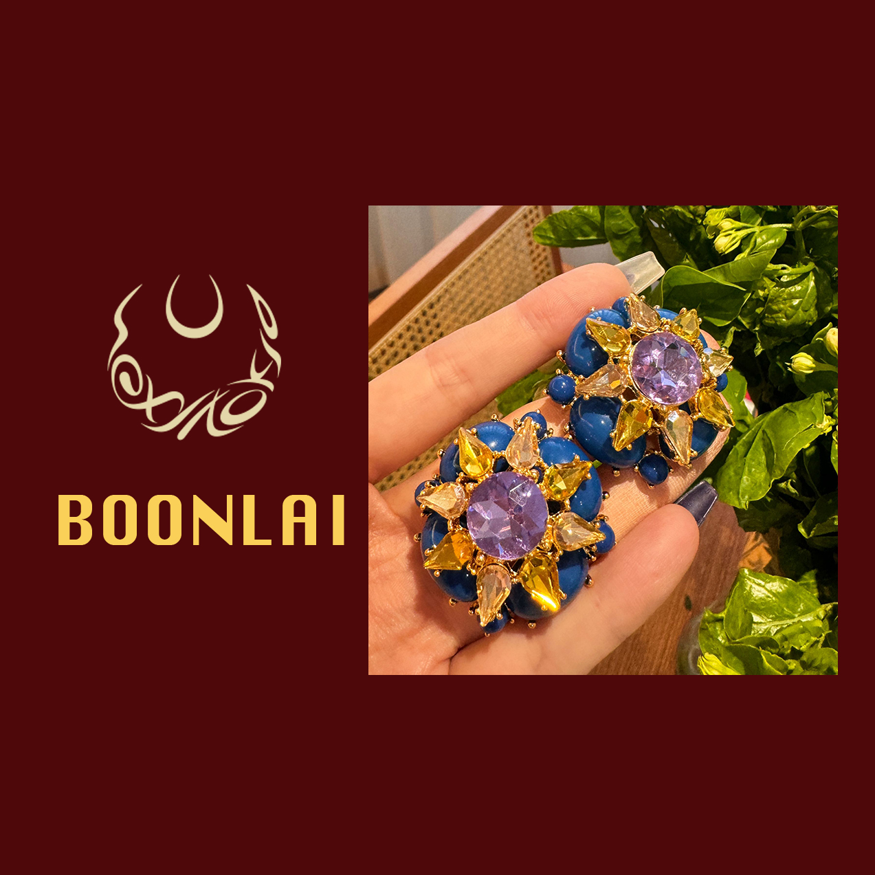 铜合金莫桑石耳饰 Boonlai 中古克莱因蓝镶钻太阳花耳环1327