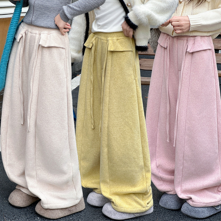 女童加绒阔腿裤2025新款韩系宽松糯米裤大童学生秋冬一体绒休闲裤