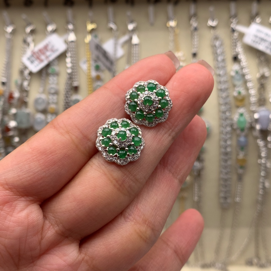 翡翠银S925镶嵌戒指耳钉